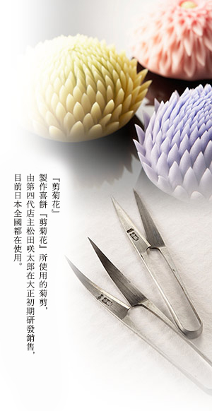 『剪菊花』製作喜餅『剪菊花』所使用的菊剪，由第四代店主松田咲太郎在大正初期研發銷售，目前日本全國都在使用。